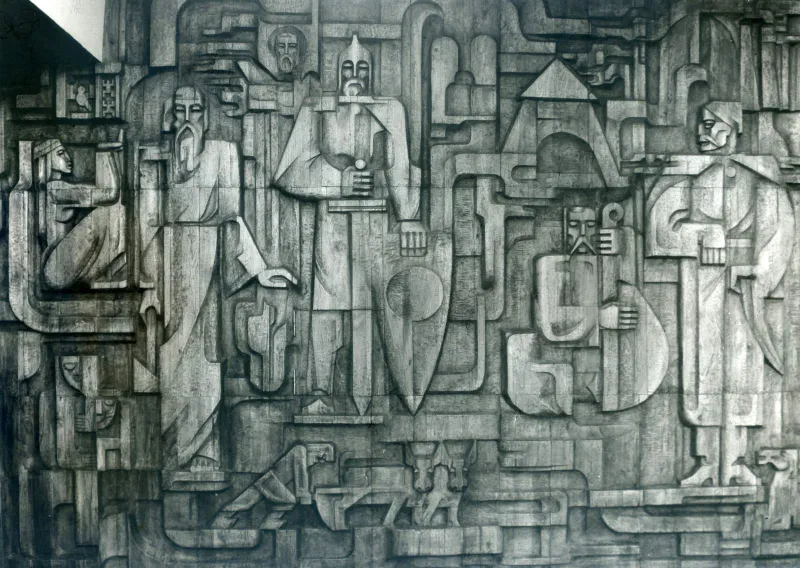 Б. Рудий. Композиція «Історія краю» у Тернопільському краєзнавчому музеї (співавтор М. Лисак). 1979. Дуб, різьблення