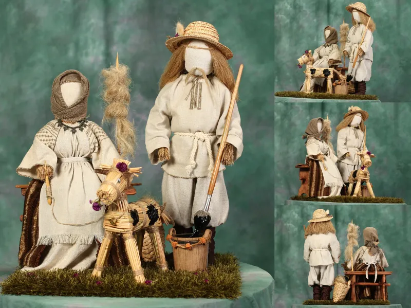 І. Вербіцька. Композиція до української народної казки «Солом’яний бичок». 2019. Льон, солома, дерево, шкіра; вишивка, ткацтво, соломоплетіння